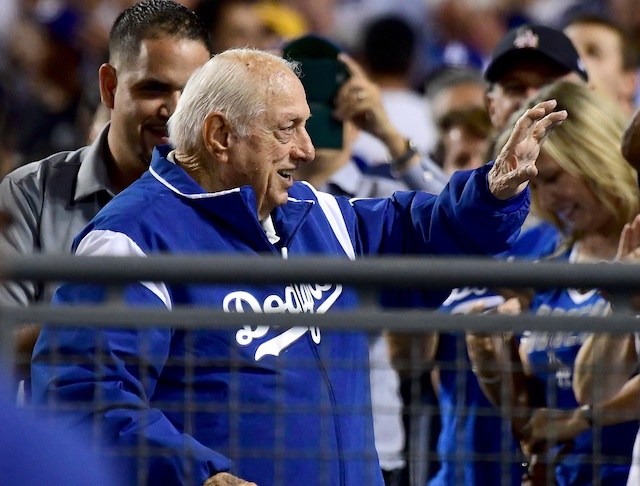 Former Los Angeles Dodgers manager Tommy Lasorda attends a game at Dodger Stadium