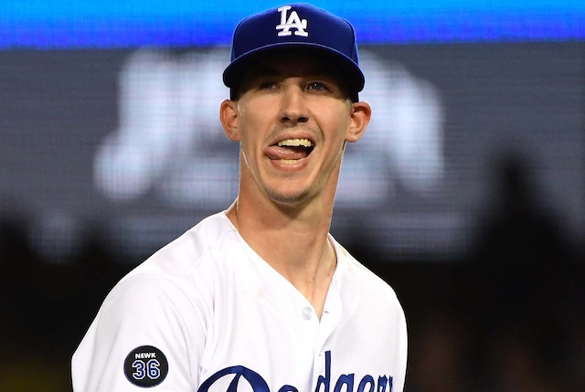 Los Angeles Dodgers starting pitcher Walker Buehler reacts to throwing a complete game