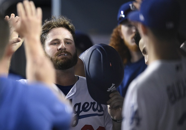 Los Angeles Dodgers first baseman Tyler White is congratulated in the dugout