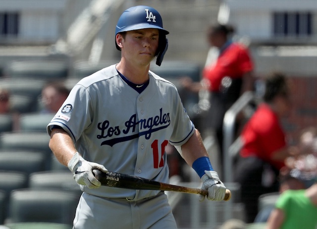 Los Angeles Dodgers catcher Will Smith reacts after striking out against the Atlanta Braves