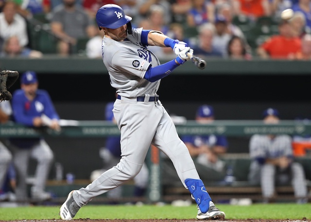 Los Angeles Dodgers outfielder A.J. Pollock hits a home run against the Baltimore Orioles