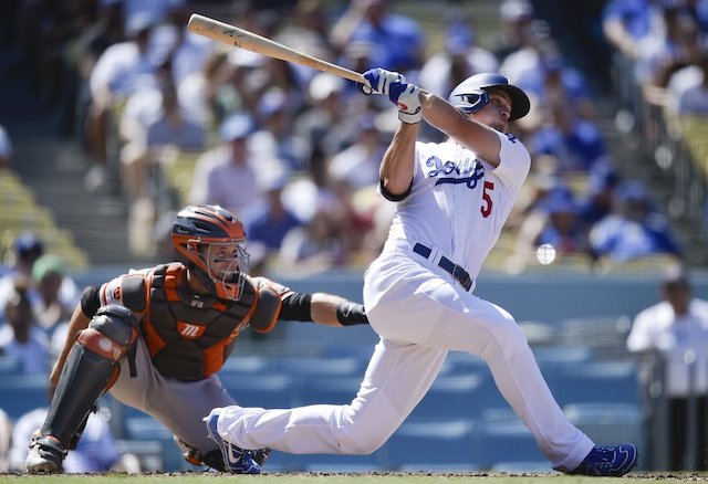 Los Angeles Dodgers shortstop Corey Seager hits a home run