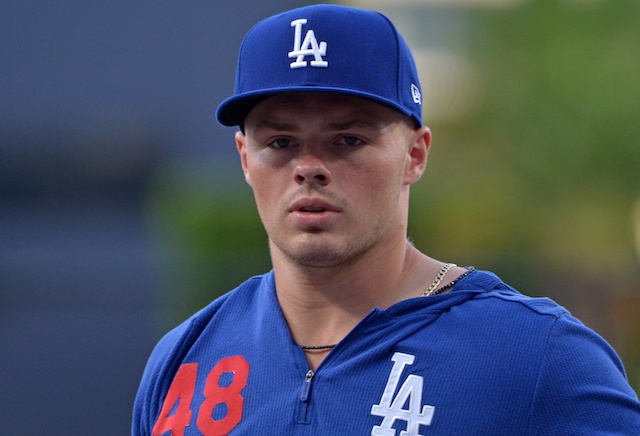 Los Angeles Dodgers infielder Gavin Lux during batting practice at Petco Park