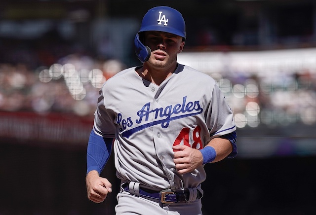 Los Angeles Dodgers infielder Gavin Lux scores a run against the San Francisco Giants