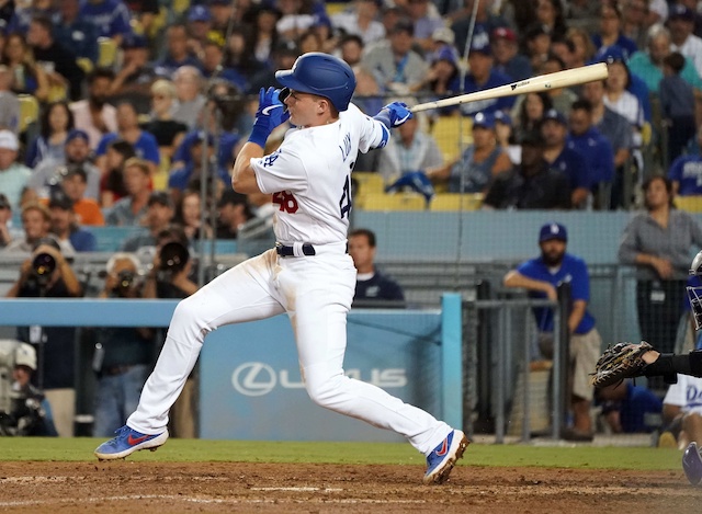 Los Angeles Dodgers infielder Gavin Lux hits a single