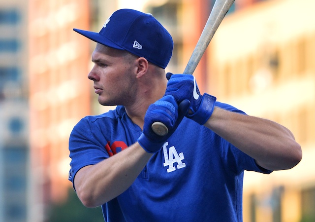 Los Angeles Dodgers infielder Gavin Lux during batting practice at Petco Park