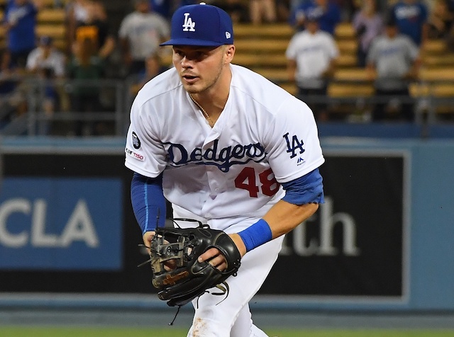 Los Angeles Dodgers infielder Gavin Lux fields a ground ball