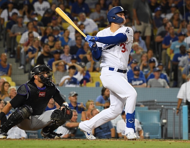 Los Angeles Dodgers outfielder Joc Pederson watches his home run