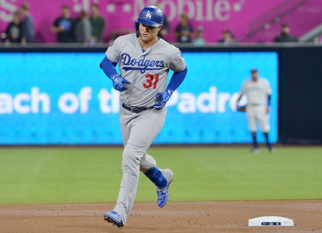 Los Angeles Dodgers outfielder Joc Pederson rounds the bases after hitting a home run against the San Diego Padres