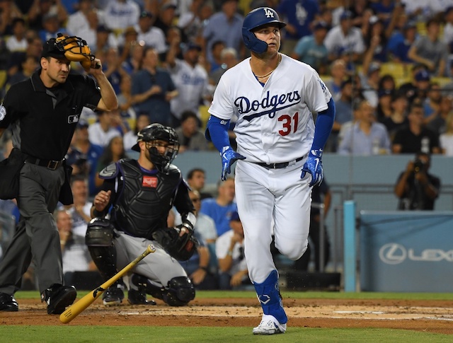 Los Angeles Dodgers outfielder Joc Pederson hits a home run