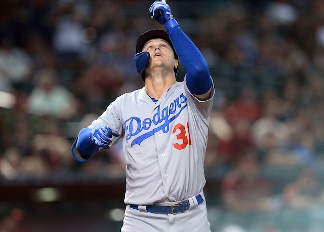 Los Angeles Dodgers outfielder Joc Pederson celebrates after hitting a home run against the Arizona Diamondbacks