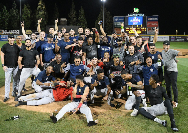 Lake Elsinore Storm (San Diego Padres affiliate) celebrate after eliminating the Rancho Cucamonga Quakes (Los Angeles Dodgers) from the 2019 California League playoffs