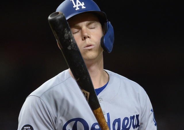 Los Angeles Dodgers catcher Will Smith reacts after striking out