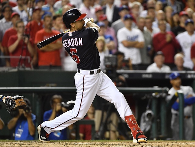 Washington Nationals third baseman Anthony Rendon hits an RBI single during Game 4 of the 2019 NLDS