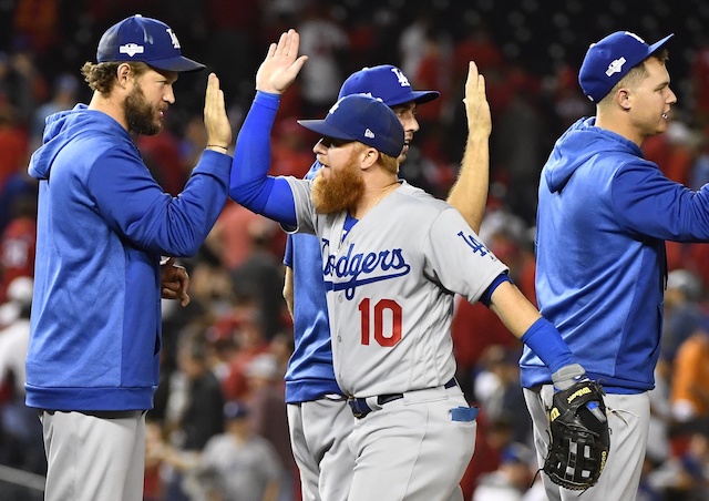 Austin Barnes, Clayton Kershaw, Joc Pederson, Justin Turner, Dodgers win, 2019 NLDS