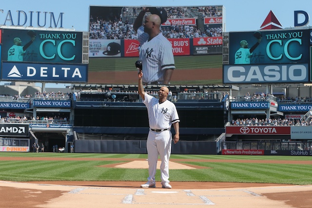 Pitcher CC Sabathia thanks New York Yankees fans before a home game