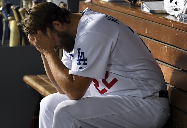 Los Angeles Dodgers starting pitcher Clayton Kershaw in the dugout during Game 5 of the 2019 NLDS