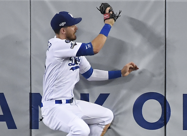 Los Angeles Dodgers All-Star Cody Bellinger makes a leaping catch during Game 5 of the 2019 NLDS