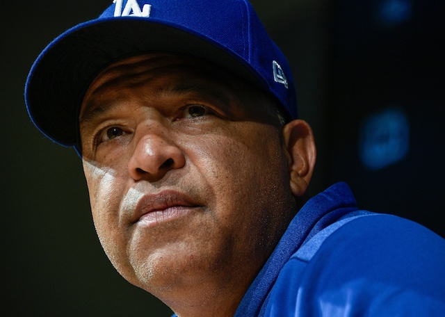 Los Angeles Dodgers manager Dave Roberts during a press conference before a 2019 NLDS workout at Dodger Stadium