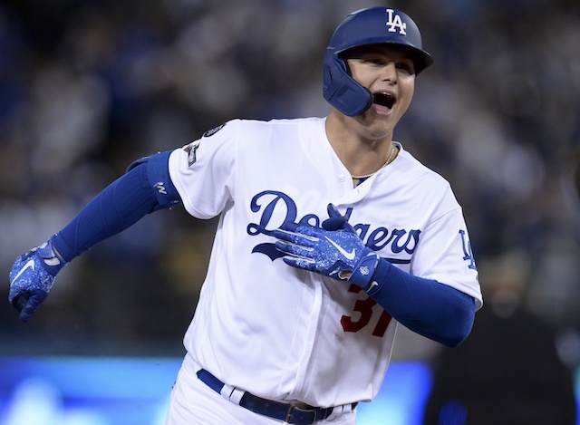 Los Angeles Dodgers outfielder Joc Pederson hits a home run in Game 1 of the 2019 NLDS