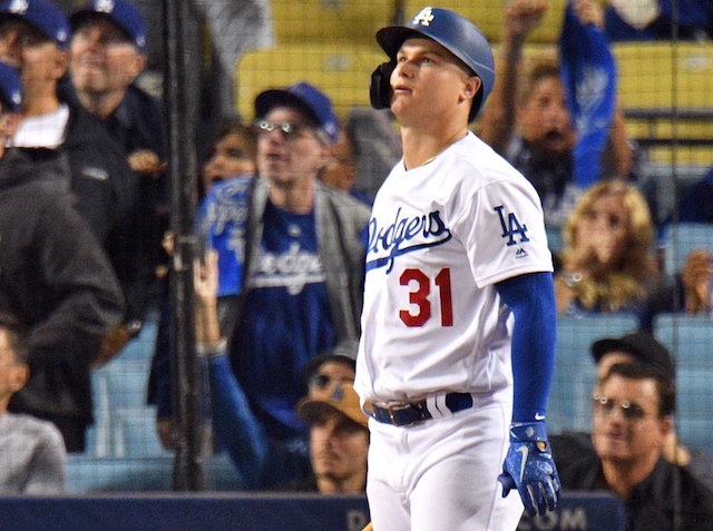 Los Angeles Dodgers outfielder Joc Pederson watches his home run in Game 1 of the 2019 NLDS