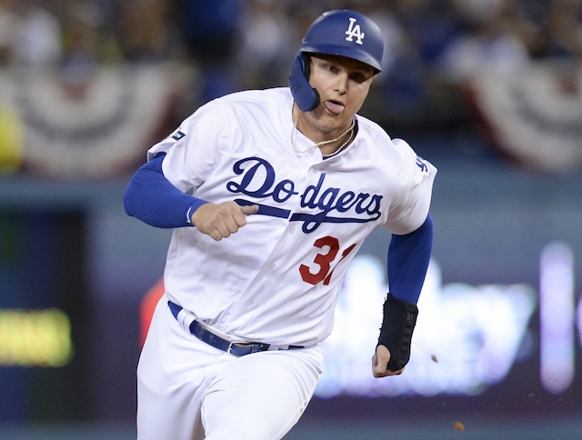 Los Angeles Dodgers outfielder Joc Pederson runs the bases during Game 1 of the 2019 NLDS