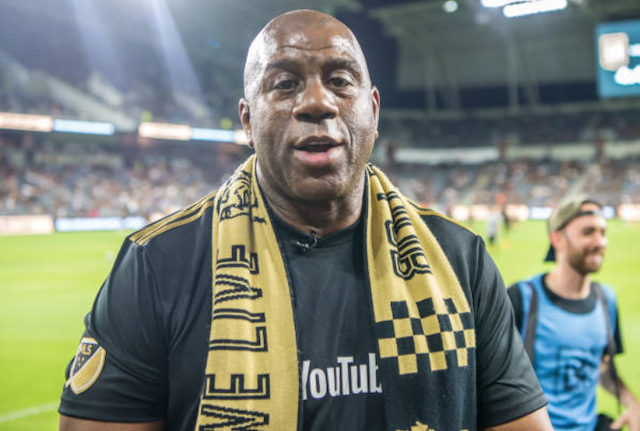 Los Angeles Dodgers part-owner Magic Johnson attends an LAFC playoff game against the L.A. Galaxy