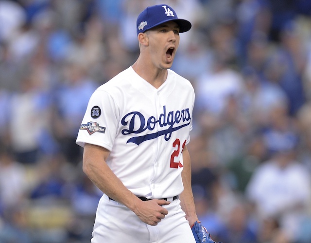 Los Angeles Dodgers starting pitcher Walker Buehler reacts during Game 1 of the 2019 NLDS