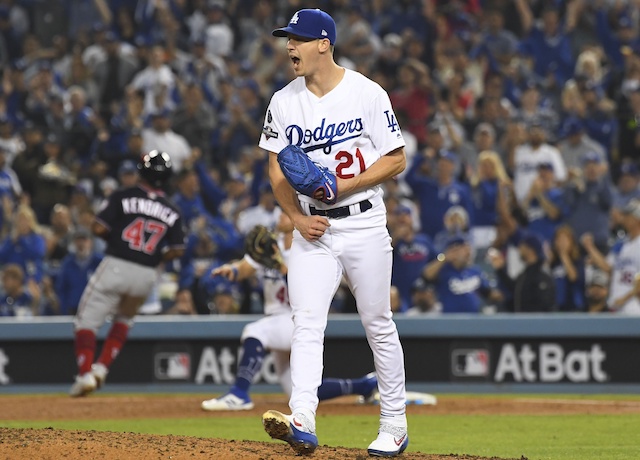 Los Angeles Dodgers starting pitcher Walker Buehler reacts during Game 5 of the 2019 NLDS