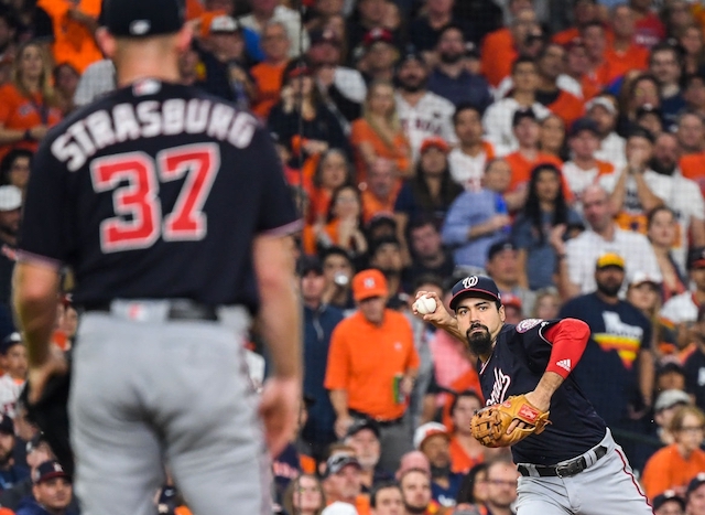 Washington Nationals teammates Anthony Rendon and Stephen Strasburg during a 2019 World Series game