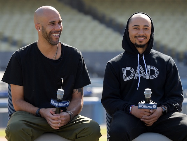 Mookie Betts and David Price during the Los Angeles Dodgers introductory press conference at Dodger Stadium