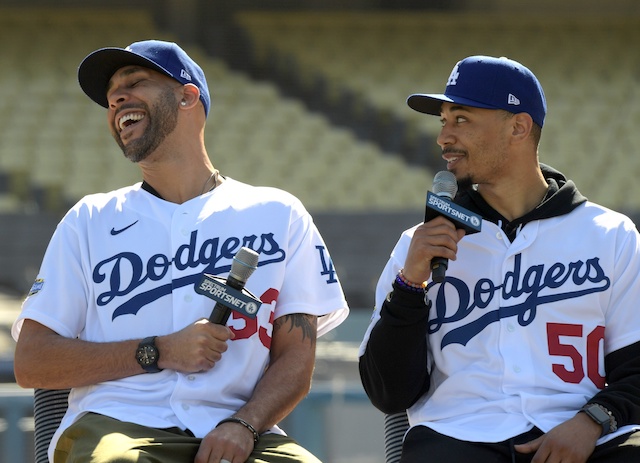 Mookie Betts and David Price during the Los Angeles Dodgers introductory press conference at Dodger Stadium