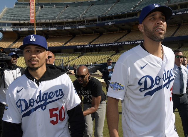 Mookie Betts and David Price during the Los Angeles Dodgers introductory press conference at Dodger Stadium