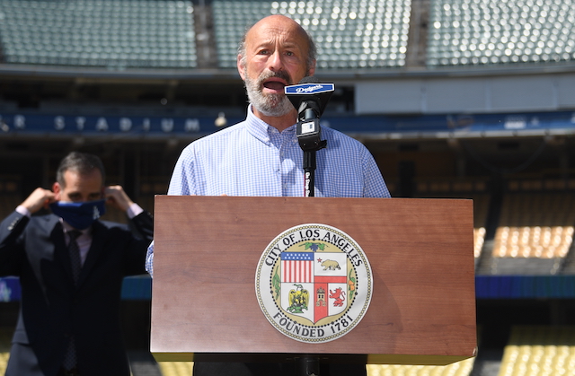 Eric Garcetti, Stan Kasten, Dodger Stadium coronavirus testing site