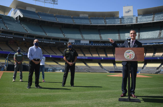 Eric Garcetti, Stan Kasten, Dodger Stadium coronavirus testing site