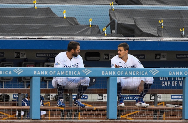 Kiké Hernandez, Chris Taylor, Dodgers dugout, 2020 Spring Training