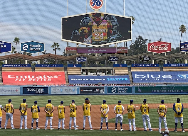 Dodgers lined up, ceremony, Kobe Bryant jerseys