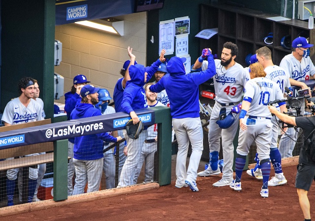 Cody Bellinger, Bob Geren, Joc Pederson, Edwin Rios, Justin Turner, 2020 NLCS