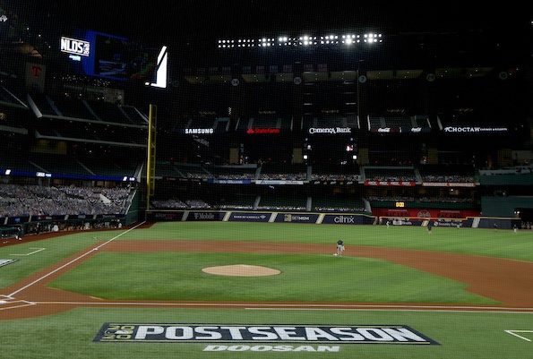 Globe Life Field view, postseason logo, 2020 NLDS