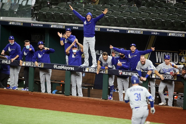 Matt Beaty, Tony Gonsolin, Kiké Hernandez, Max Muncy, Joc Pederson, AJ Pollock, Will Smith, Chris Taylor, 2020 World Series