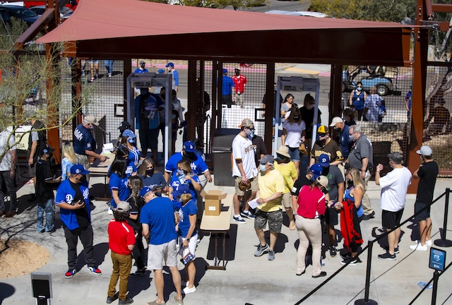 Dodgers fans, Camelback Ranch entrance, 2021 Spring Training