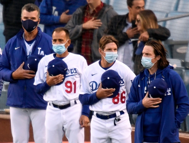 Dino Ebel, Bob Geren, Danny Lehmann, Clayton McCullough, national anthem