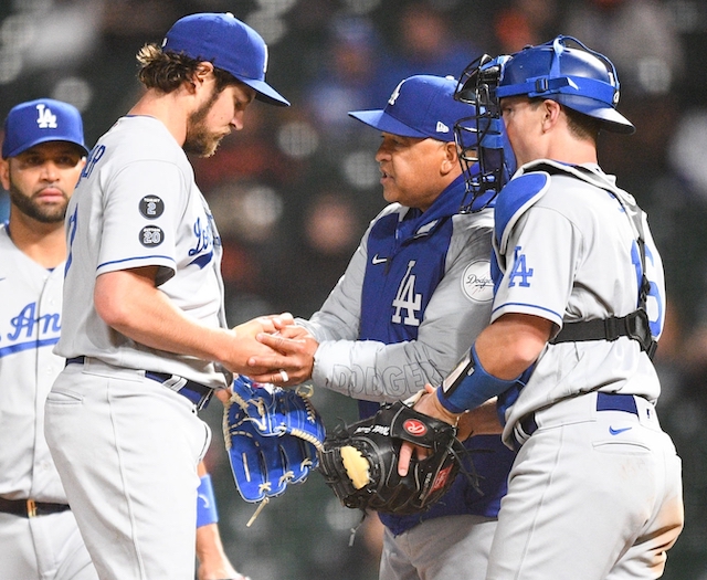 Trevor Bauer, Albert Pujols, Dave Roberts, Will Smith, pitching change