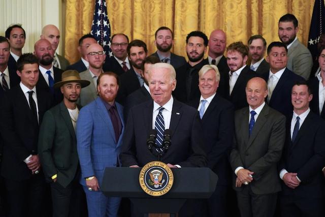 Matt Beaty, Mookie Betts, Andrew Friedman, Victor Gonzalez, Gavin Lux, Edwin Rios, Chris Taylor, Justin Turner, Mark Walter, President Joe Biden, White House visit