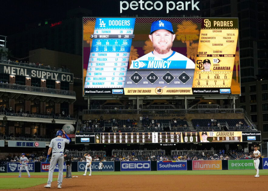 Billy McKinney, Max Muncy, Trea Turner, Petco Park scoreboard