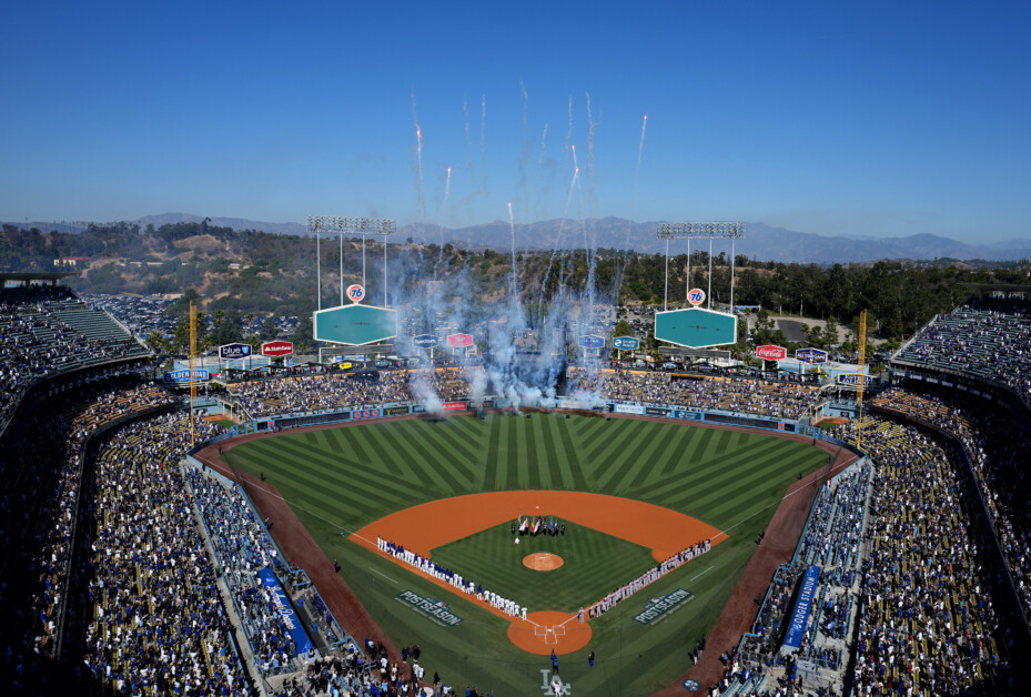 Dodgers lined up, fireworks, Dodger Stadium view, 2021 NLCS