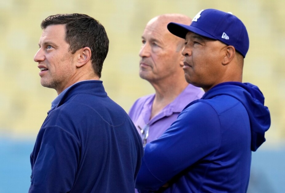 Andrew Friedman, Stan Kasten, Dave Roberts, 2021 National League Wild Card Game workout