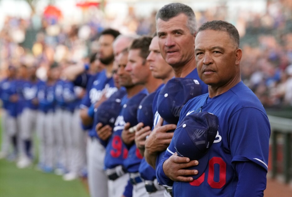 Dino Ebel, Bob Geren, Danny Lehmann, Dave Roberts, lined up, 2022 Spring Training