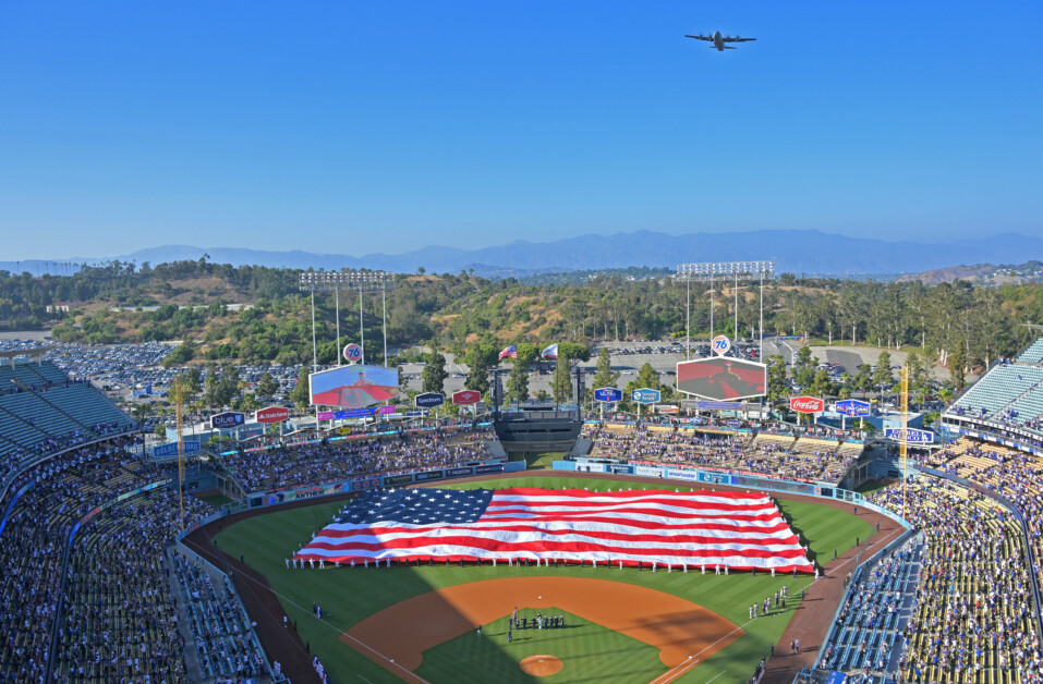 Dodger Stadium view, United States flag, flyover