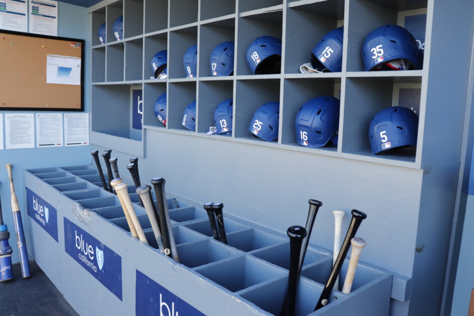 Dodgers helmets, bat rack, Hanser Alberto, Austin Barnes, Cody Bellinger, Mookie Betts, Freddie Freeman, Jake Lamb, Gavin Lux, Zach McKinstry, Max Muncy, Will Smith, Trayce Thompson, Trea Turner